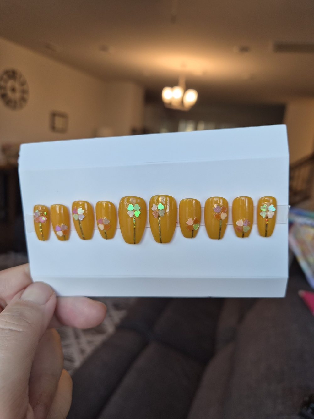 Mustard Yellow Press-On Nail Set with Floral Accents
